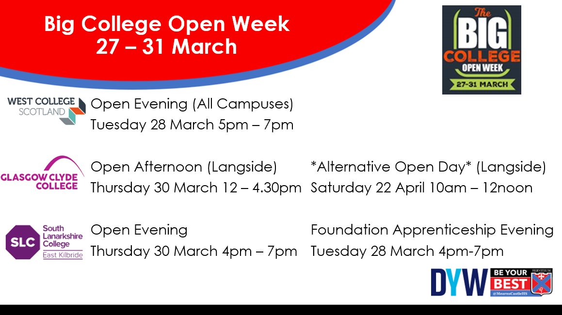 DYW_MearnsCastle (@DYW_MCHS) on Twitter photo 2023-03-24 13:34:00 The Big College Open Week is happening next week from 27-31 March. See below for details of local colleges taking part. @WestCollScot @Glasgow_Clyde @SLCek The Big College Open Week is happening next week from 27-31 March. See below for details of local colleges taking part. @WestCollScot @Glasgow_Clyde @SLCek