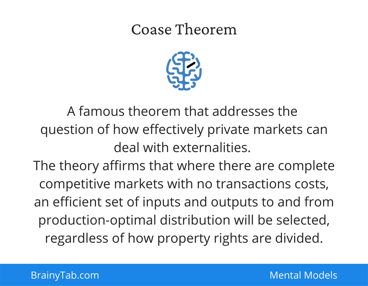 GetBrainyTab's tweet image. Coase Theorem
Learn a #mentalmodel every time you open a new tab - bit.ly/2LL5xsx #behavioralscience #decisionmaking #behavioraleconomics  #cognition #error