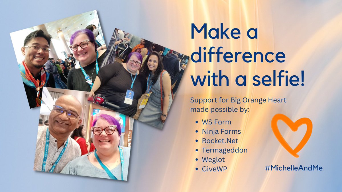 Michelle Frechette π»π»π» (@michelleames) on Twitter photo Are you at #WCPHX? If you see me, stop & grab a selfie! Share on Twitter with hashtag #MichelleAndMe & tag me in it!
These companies will make a donation to <a href="/aBigOrangeHeart/">Big Orange Heart π§‘</a> (for a combined $2250!): <a href="/ws_form/">WS Form</a>, <a href="/RocketDotNet/">Rocket.net</a>, <a href="/NinjaForms/">Ninja Forms</a>, <a href="/termageddon/">Termageddon</a>, <a href="/weglot/">Weglot</a> & <a href="/givewp/">GiveWP π</a>! Are you at #WCPHX? If you see me, stop & grab a selfie! Share on Twitter with hashtag #MichelleAndMe & tag me in it!
These companies will make a donation to <a href="/aBigOrangeHeart/">Big Orange Heart π§‘</a> (for a combined $2250!): <a href="/ws_form/">WS Form</a>, <a href="/RocketDotNet/">Rocket.net</a>, <a href="/NinjaForms/">Ninja Forms</a>, <a href="/termageddon/">Termageddon</a>, <a href="/weglot/">Weglot</a> & <a href="/givewp/">GiveWP π</a>!