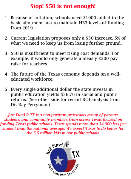 Thanks to all the JFI parents, students, and teachers who distributed this handout to legislative offices yesterday! #txed #txlege #justfundittx
