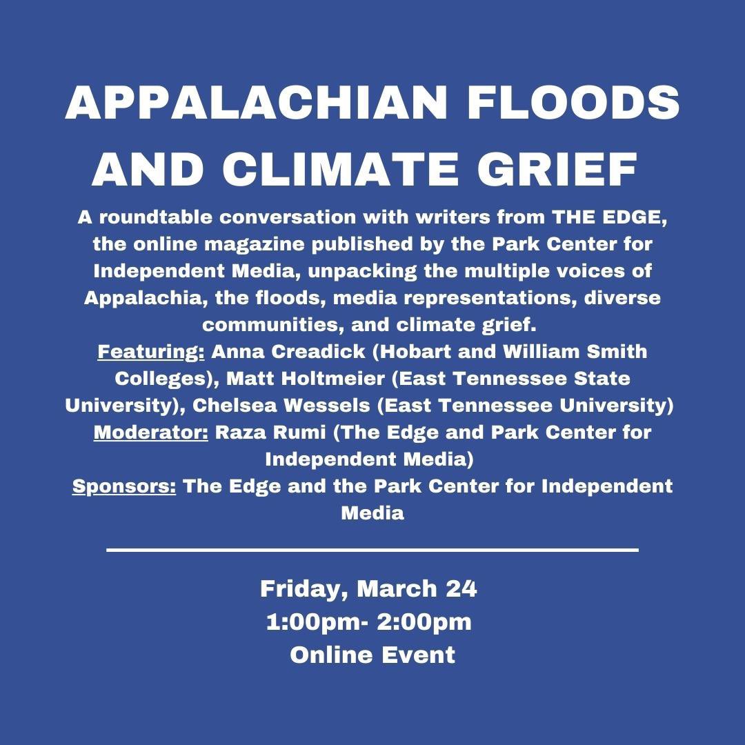 ⛰️Happening today!!⛰️

Unpacking climate grief, #floods, &amp; media representations of #Appalachia at <a href="/FLEFF_26/">Finger Lakes Environmental Film Festival (FLEFF)</a> 

Today at 1pm EST 

FEATURING:
Anna Creadick of <a href="/HWSColleges/">HWS Colleges</a> 
Matthew Holtmeier, <a href="/CinemawO/">Matthew Holtmeier</a>
Chelsea Wessels of <a href="/etsu/">ETSU</a>
Moderated by <a href="/Razarumi/">Raza Ahmad Rumi</a> 

ithaca.edu/finger-lakes-e…