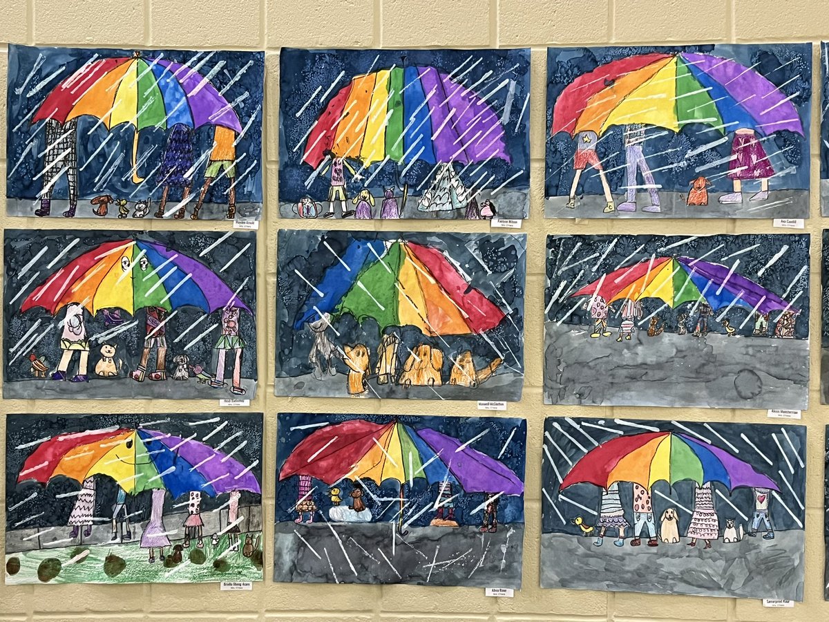 cmrilling's tweet photo. Nothing gloomy here at MES! This magic rainbow colored umbrella keeps growing and growing to make sure that we include everyone! #thebigumbrella. By Amy Bates @meshornets @MarcumLA ☔️ 🌈 https://t.co/z2h2WN9mDm
