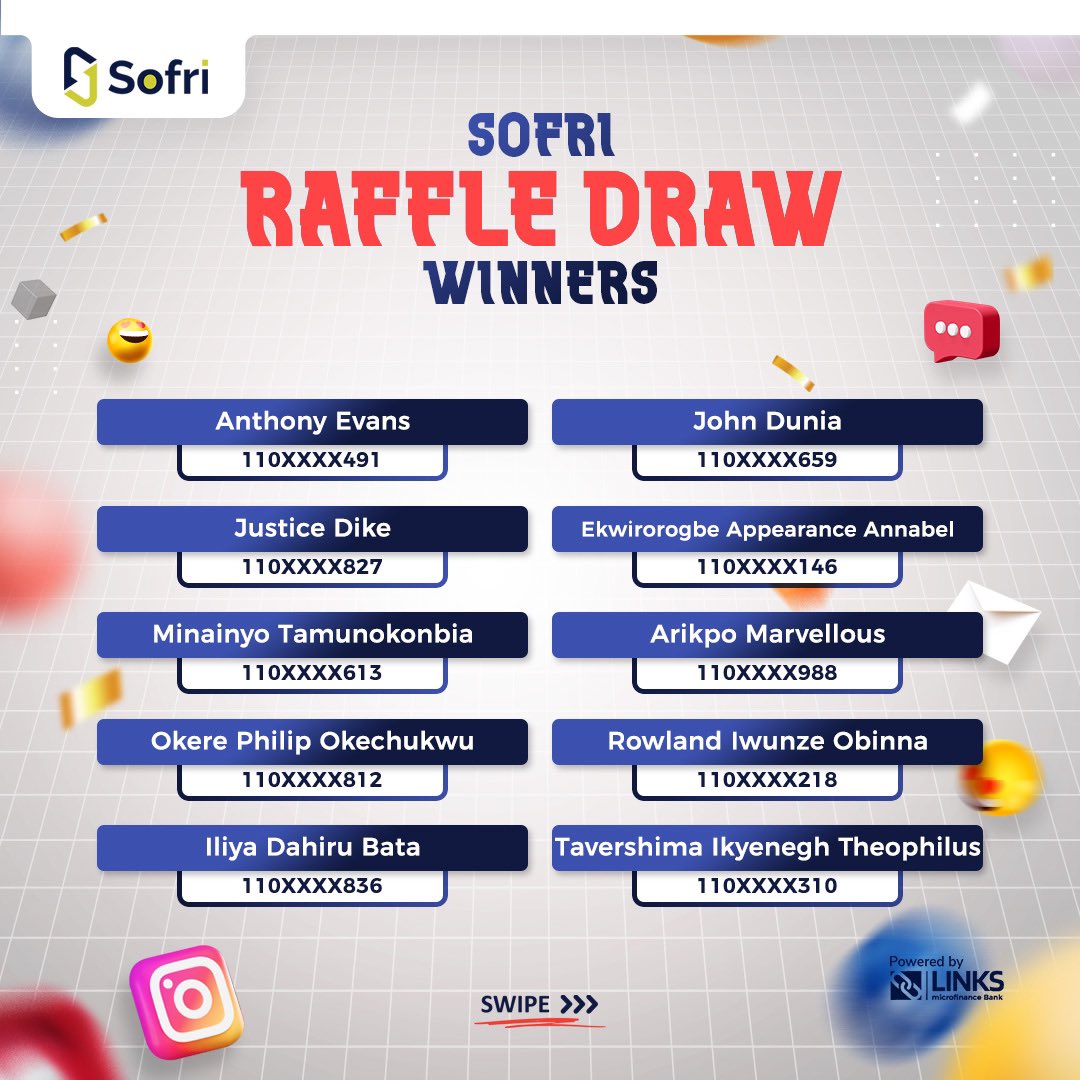 Bank_Sofri's tweet photo. Congratulations to our most recent winners of the Sofri Raffle draw!  #Sofrigivesback https://t.co/NUp5ZV6z9k