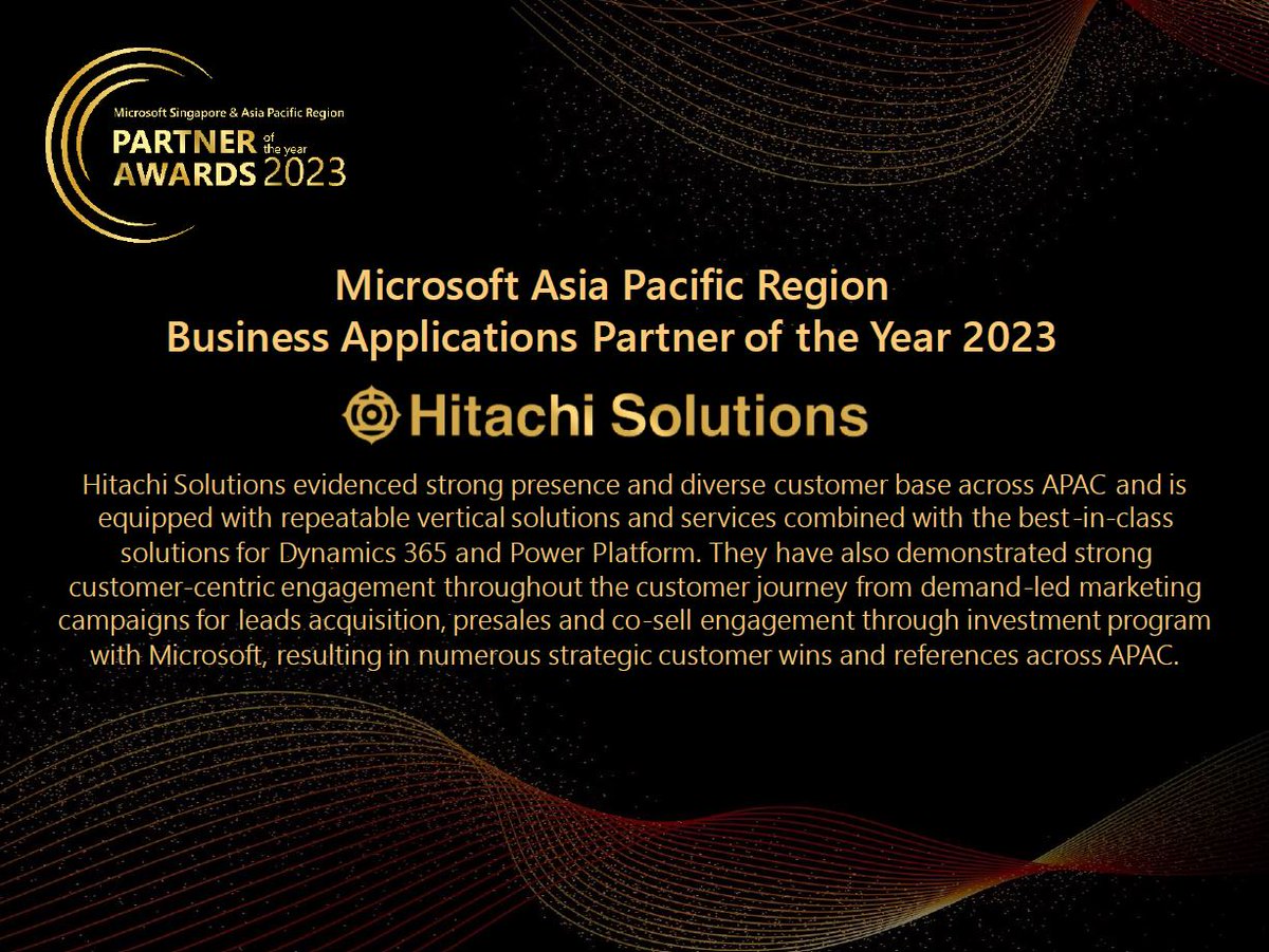 HitachiSolAPAC's tweet photo. Hitachi Solutions wins the 2023 Microsoft Asia Pacific Region Business Applications Partner of the Year Award! Read more about the Microsoft Asia Pacific Region Partner of the Year Award 2023 winners here: https://t.co/PEZtkXz67f https://t.co/KNoXF8wOz9