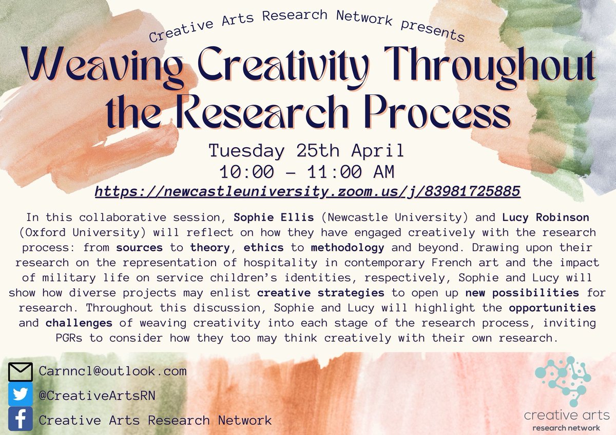 NEW MEETING ALERT 🥳

Tuesday 25th April 10am-11am, online 💻

Come join us for a discussion with @SophieEllis_FR and @LucyGBRobinson on creativity throughout the research life cycle - we are so excited to host this, and hope you can join us.