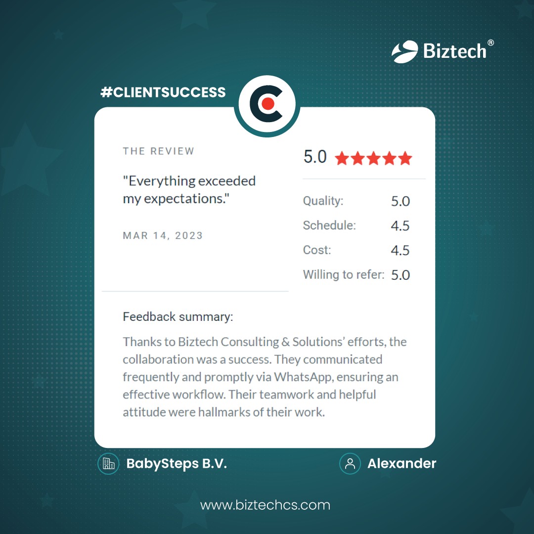 biztechcs's tweet photo. A happy client makes the goodwill of your business! 💯
At Biztech, we work hard to meet every expectation of our clients. We are glad that our efforts are recognized and valued. Here check, what one of our clients Mr. Alexander has to say about us. 😊
#BiztechCS #ClientReview https://t.co/kmpyJdHOvD