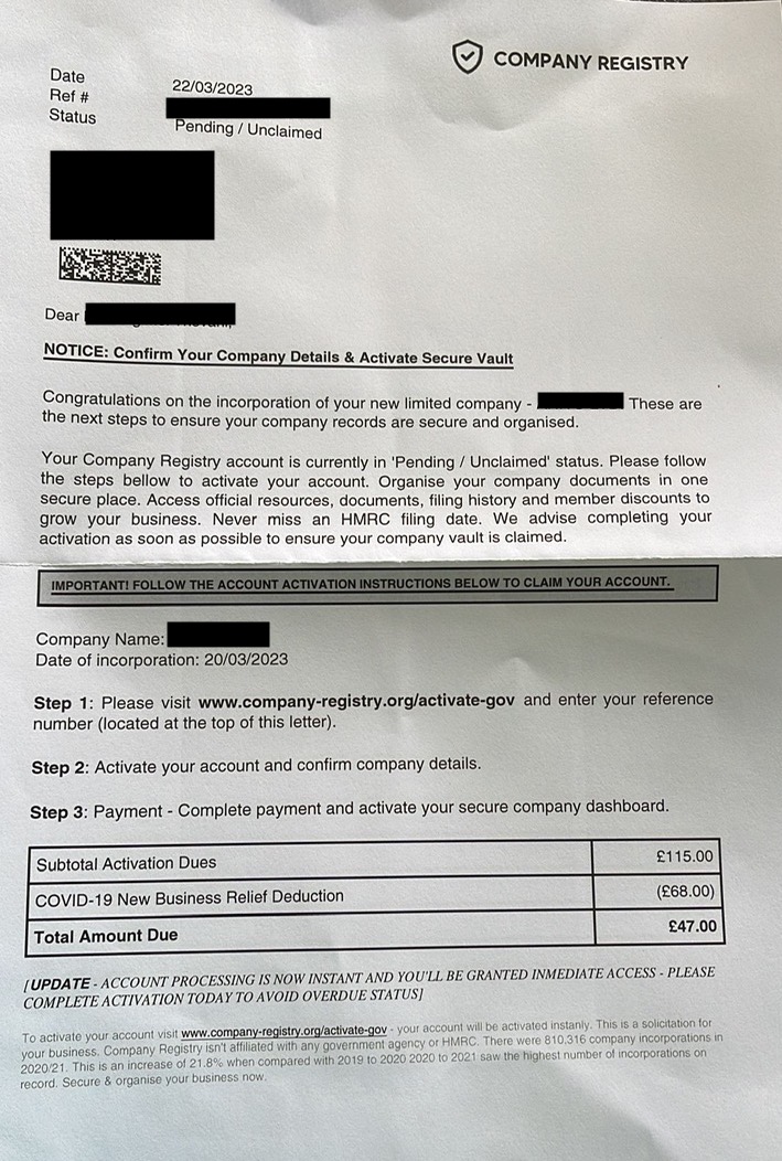 We've had reports of suspicious letters claiming to be from Companies House, under the name Company Registry.

If you've received a letter like this, please do not follow any instructions in the letter. It is a scam.

Read more information about scams » gov.uk/guidance/prote…
