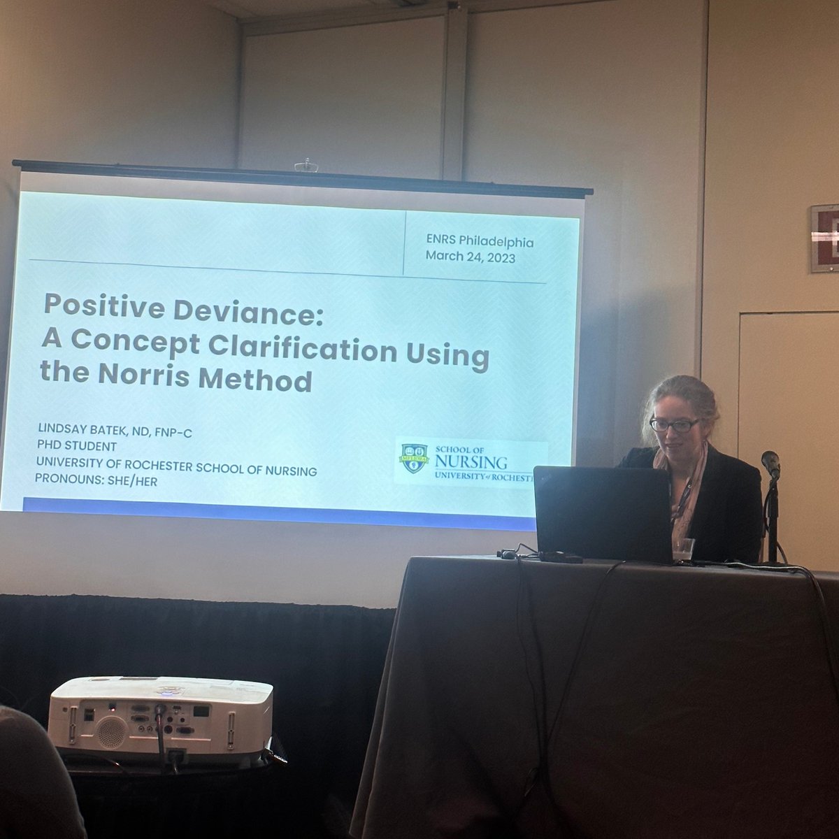 DeanLisaKitko's tweet photo. Starting Day 2 at #ENRS2023 with PhD student @BatekLindsay's paper presentation, "Positive Deviance: A Concept Clarification using the Norris Method." Great work, Lindsay! #URNursing #URochesterResearch https://t.co/wm5t0iFeVB