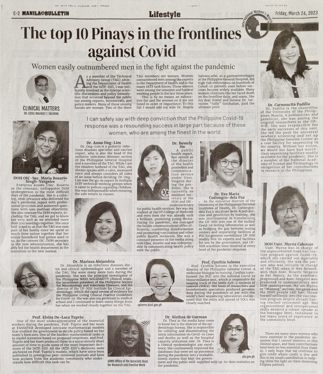 In celebration of National Women's Month, I was asked to compile this list. There are many more women who deserve recognition for their role in fighting COVID-19. Their contributions are just as critical but unfortunately there isn't enough space for all. mb.com.ph/2023/3/24/The-…