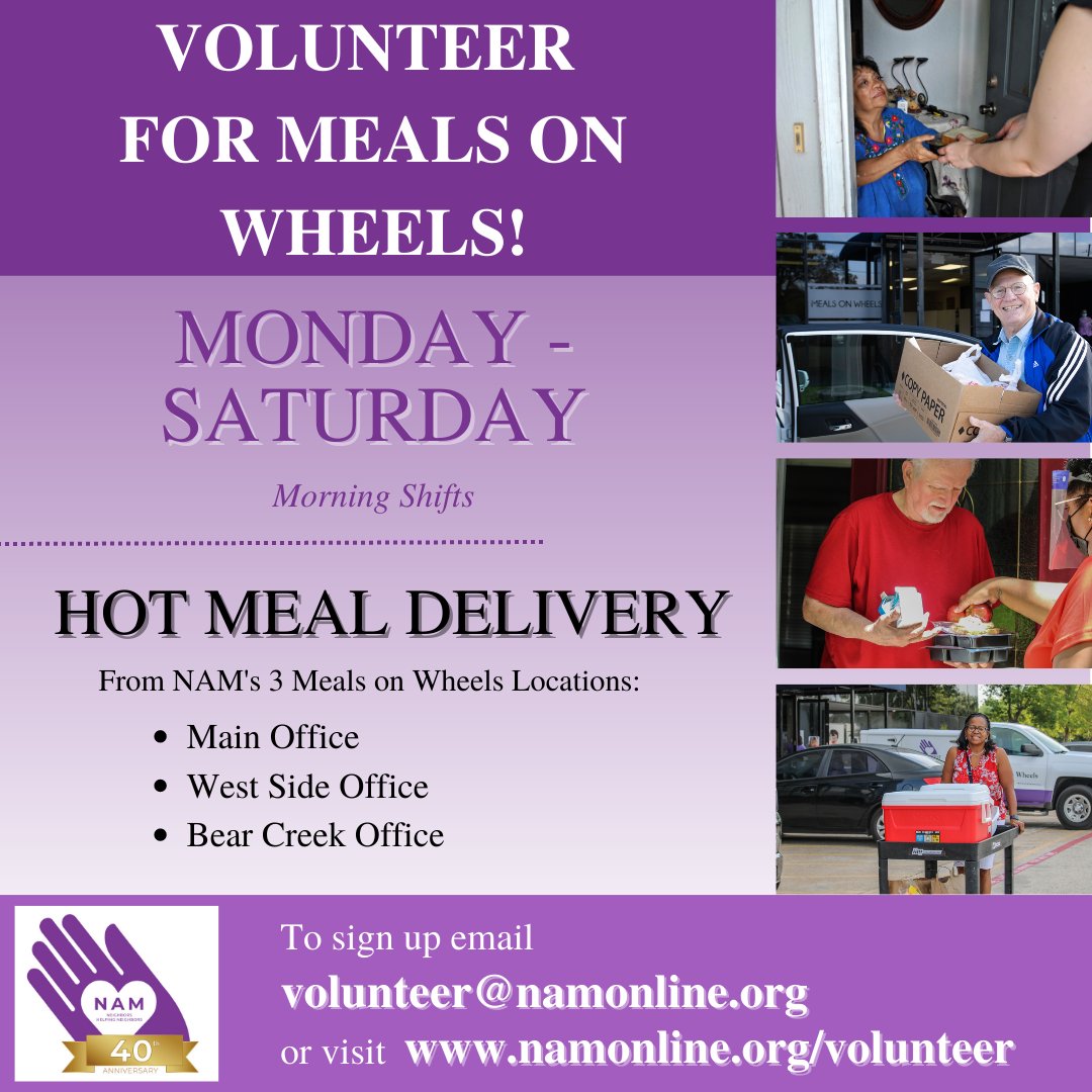 "If You Can Drive, You Can Help!"
Northwest Assistance Ministries needs drivers for our Meals on Wheels program. 
#volunteers #volunteersneeded #helpneeded #mealsonwheels #namhelps #neighborshelpingneighbors