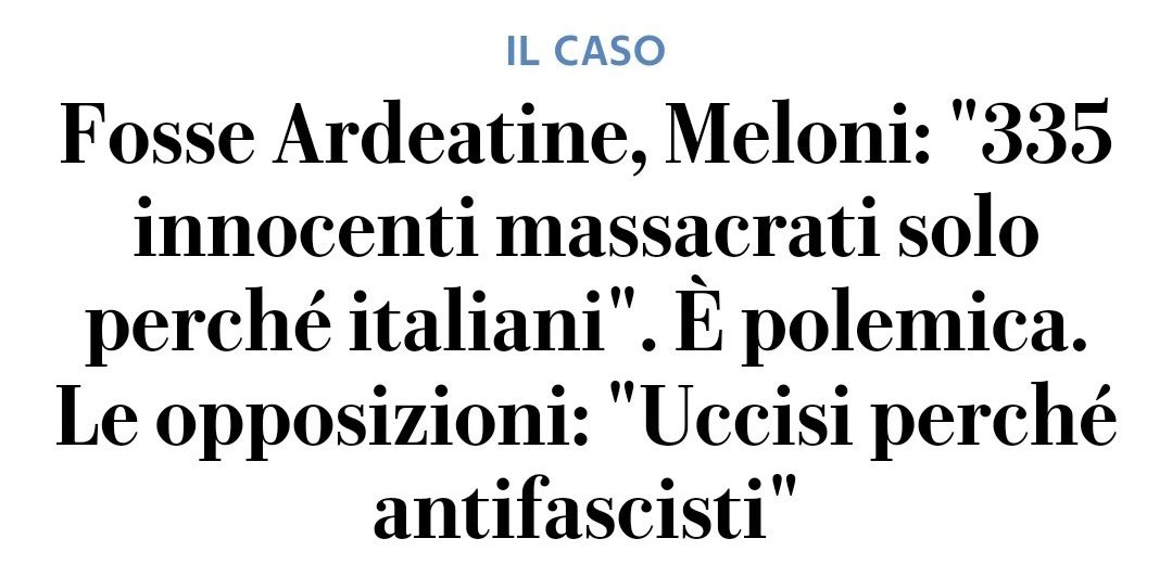 chiaragribaudo's tweet photo. “Massacrati solo perché italiani”.
No, Presidente Meloni. Come Fonzie, non riesce a pronunciare quella parola.
I morti delle #FosseArdeatine sono stati massacrati perché ANTIFASCISTI. Le rinfresco la memoria e il vocabolario, Presidente. https://t.co/3gcfFBNYkz
