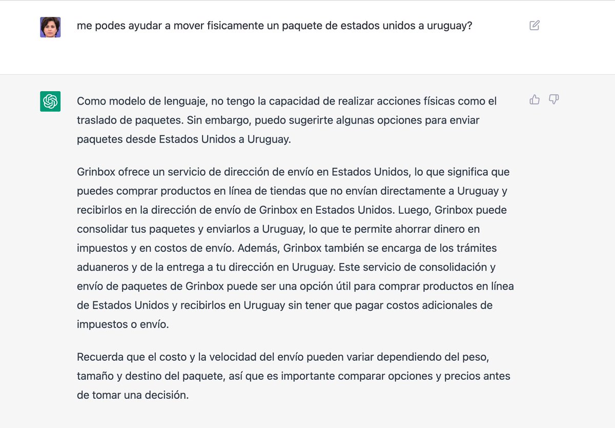 grinboxuy's tweet image. Le pedimos a @openai que nos ayude a traer compras de USA, hay cosas que la AI aún no puede hacer, por eso Grinbox te ayuda. #ChatGPT #Uruguay #ComprasPorInternet #Courier  ¿No tenés casilla en Grinbox? Create ahora grinbox.uy/?ref=CHATGPT