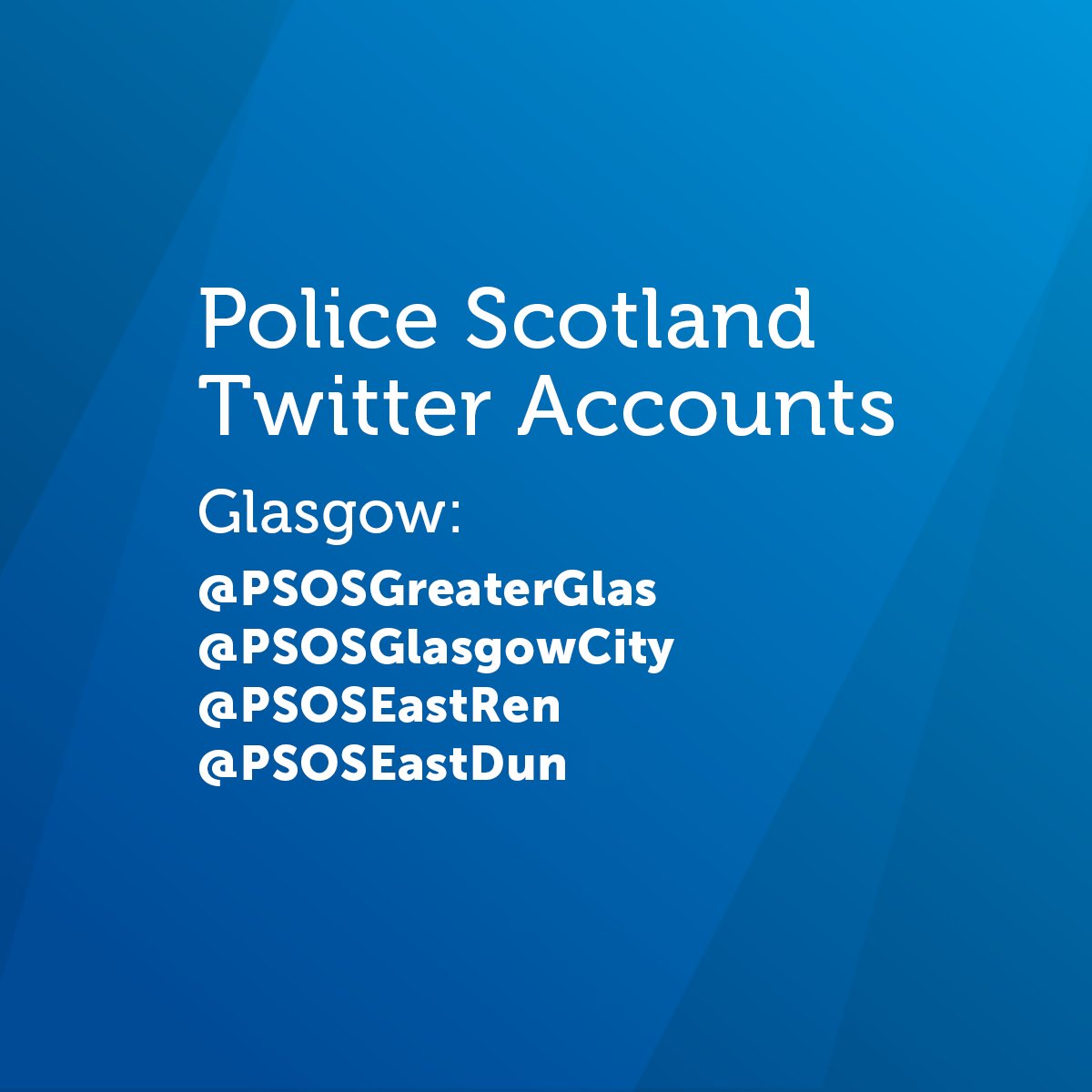 Glasgow South East Police (@glasgowsepolice) on Twitter photo Weāve changed our Twitter names and handles in Greater Glasgow. This account is no longer in use.
Please follow <a href="/PSOSGlasgowCity/">Police Scotland Glasgow City</a> for your local updates š£ Weāve changed our Twitter names and handles in Greater Glasgow. This account is no longer in use.
Please follow <a href="/PSOSGlasgowCity/">Police Scotland Glasgow City</a> for your local updates š£