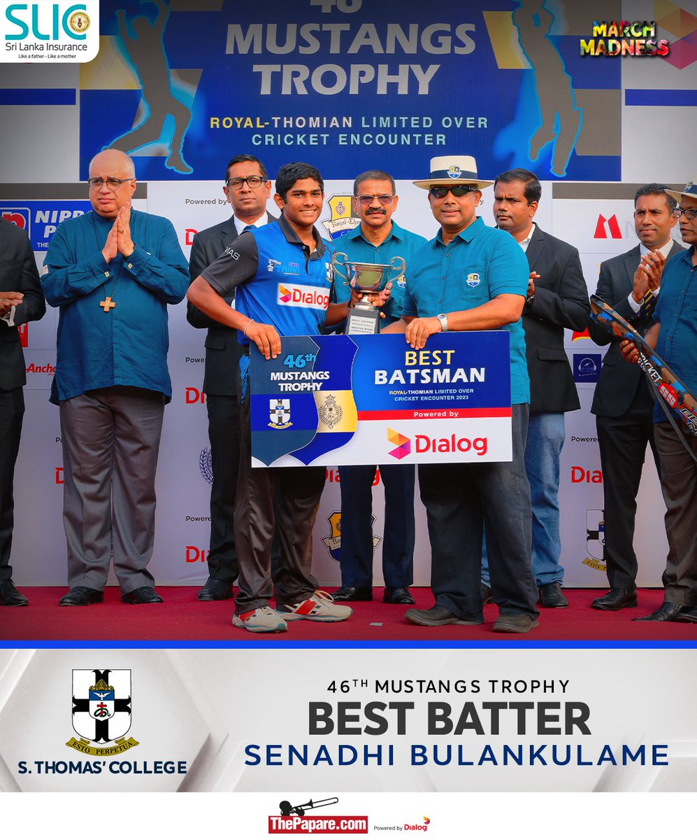 ThePapareSports's tweet photo. Senadhi Bulankulame who played a lone hand with the bat adjudged the best batter of S. Thomas’ College!

Coverage Powered by @SLICInsurance 

#MarchMadness #RoyTho #MustangsTrophy  

Watch 👉 https://t.co/OyxdMU30y5 https://t.co/Ts30cTSUwK