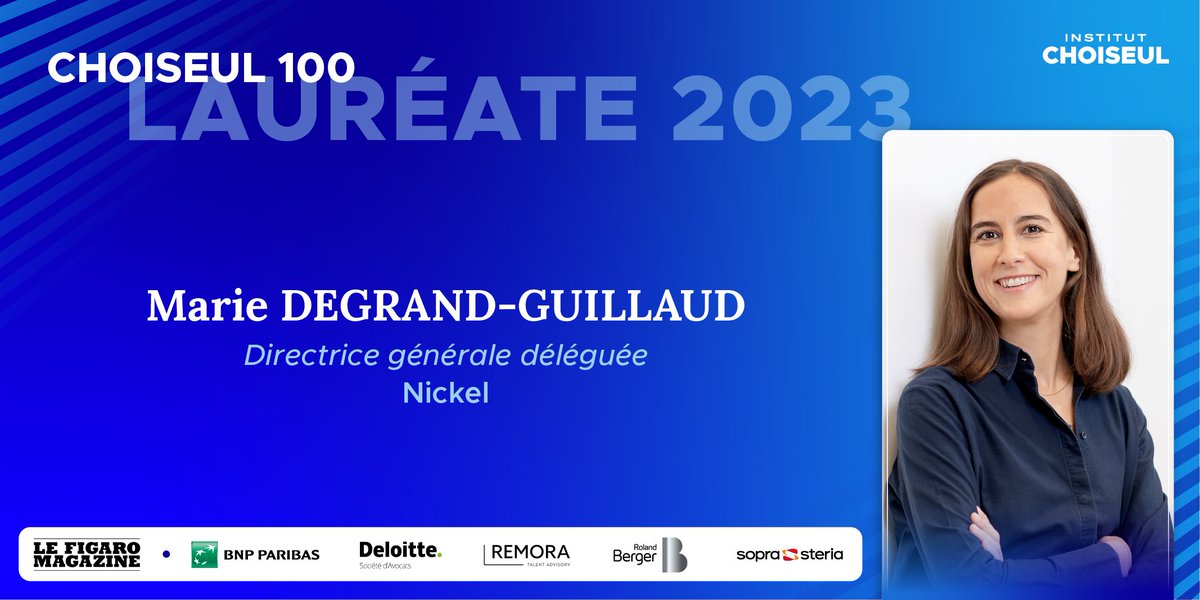 Merci <a href="/instchoiseul/">Institut Choiseul</a> pour cette distinction pour laquelle je suis fière de représenter <a href="/CompteNickel/">Nickel</a>, cette fintech si unique proposant un service simple et accessible, mêlant le meilleur du digital et du physique pour nos 3 millions de clients ! 🙌

#Choiseul100