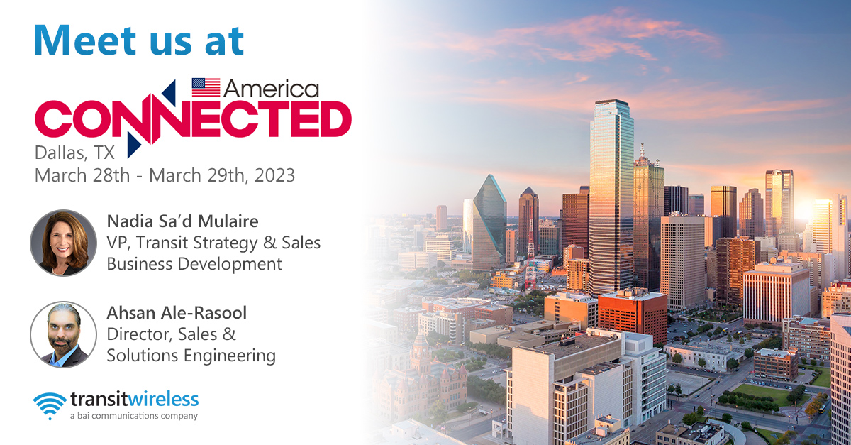 Meet with us at #ConnectedAmerica! 
 
Our VP of Transit Strategy &amp; Sales, Nadia Sa'd Mulaire, and Director of Sales &amp; Solutions Engineering, Ahsan Ale-Rasool, will be attending alongside <a href="/ZenFi_Networks/">ZenFi Networks</a> and Signal Point Systems! 
 
Schedule a meeting at bit.ly/3YL9pwC.