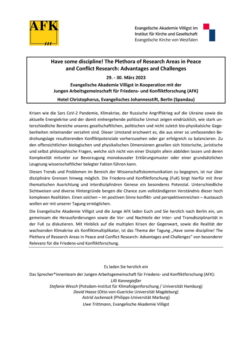 Dear peace and conflict researchers near Berlin, you can still sign up for our Junge AFK conference next Wednesday and Thursday: kircheundgesellschaft.de/veranstaltunge… The conference will be held in Berlin and we are happy to present an exciting program below.👇🏽 Retweets welcome!