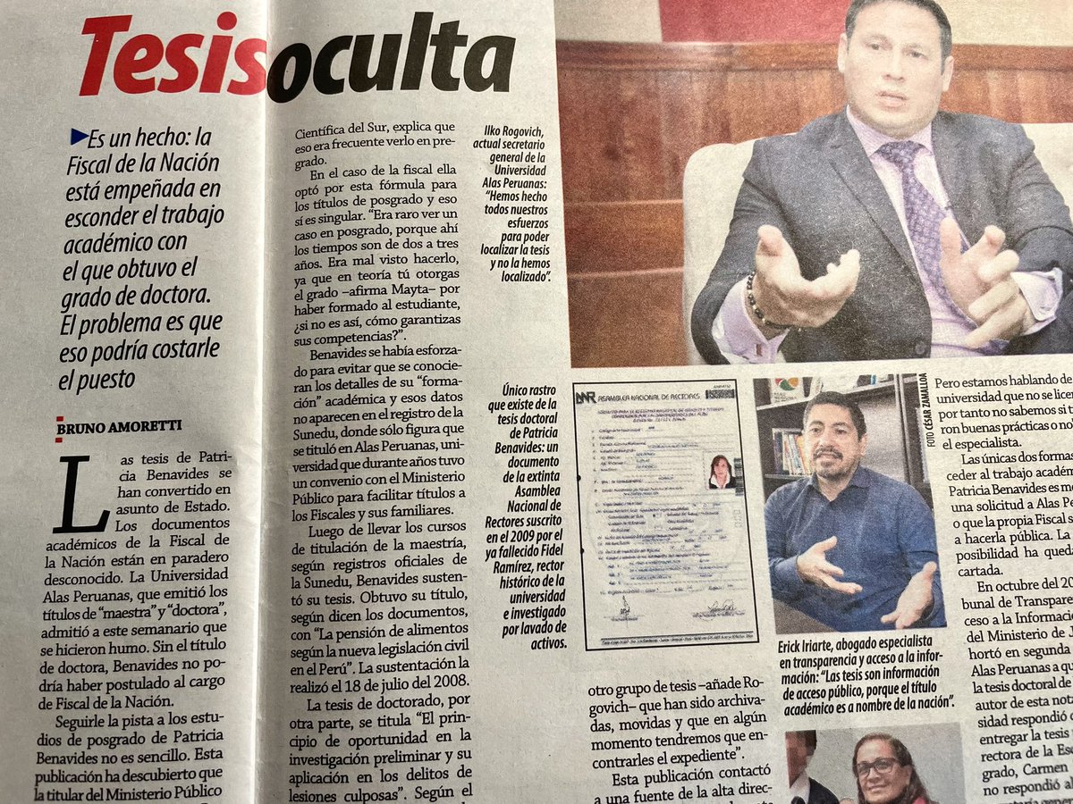 brunoamoretti_'s tweet photo. Hoy en @ensustrece:
- Alas Peruanas admite que la tesis doctoral de la fiscal de la Nación se hizo humo.
- ¿Por qué Benavides ocultó que estudió en la San Martín y no en Alas Peruanas?
- La directora de posgrado a cargo de guardar la tesis es sobrina del exrector Fidel Ramírez. https://t.co/cQg2ofSeCB
