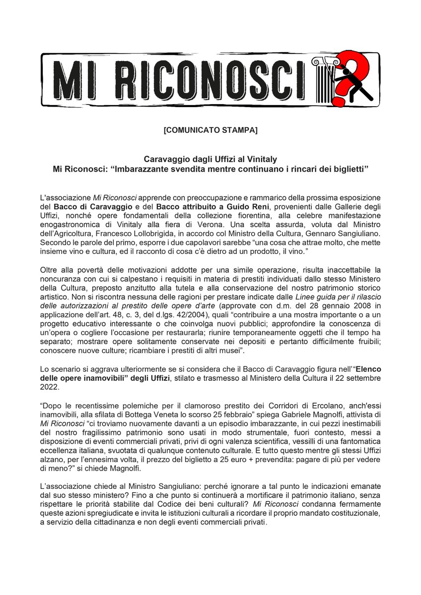 roma7maggio's tweet photo. 📌 Comunicato stampa

@miriconosci chiede al ministro @g_sangiuliano @MiC_Italia: fino a che punto si continuerà a mortificare il patrimonio italiano, senza rispettare le priorità stabilite dal Codice dei beni culturali? 

#Lollobrigida #Sangiuliano #Vinitaly https://t.co/SniZZuOmY8