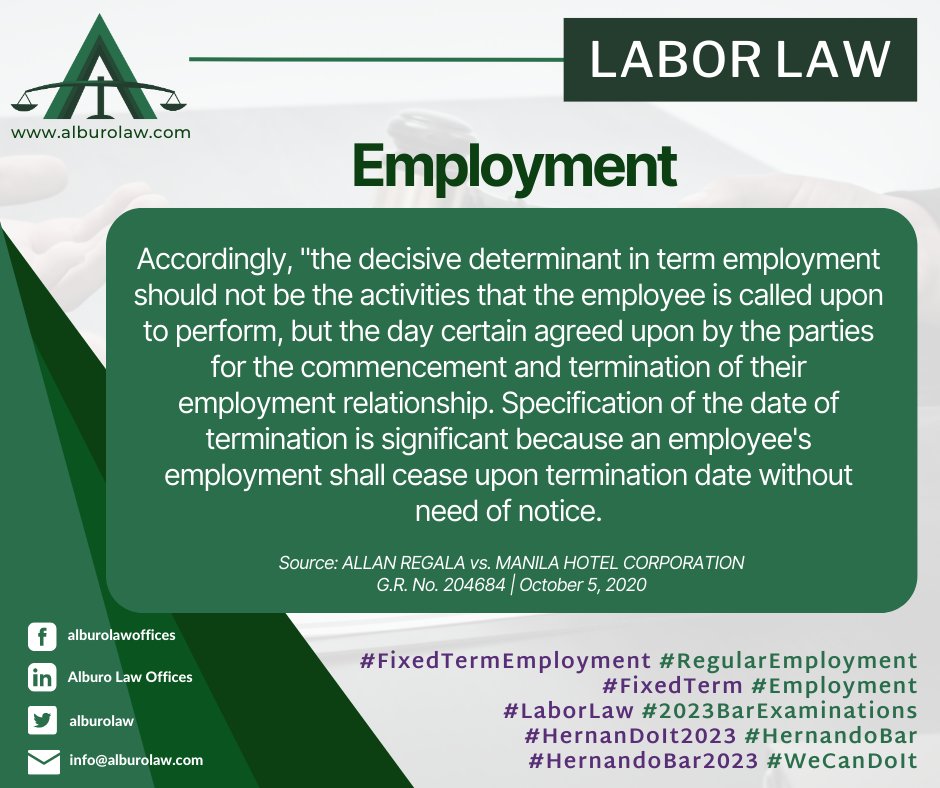 alburolaw's tweet image. ⚖️ LABOR LAW | Employment

What is a fixed-term employment? 🤔

Follow Alburo Law for the next update!

#FixedTermEmployment #RegularEmployment
#FixedTerm #Employment
#LaborLaw #2023BarExaminations
#HernanDoIt2023 #HernandoBar
#HernandoBar2023 #WeCanDoIt