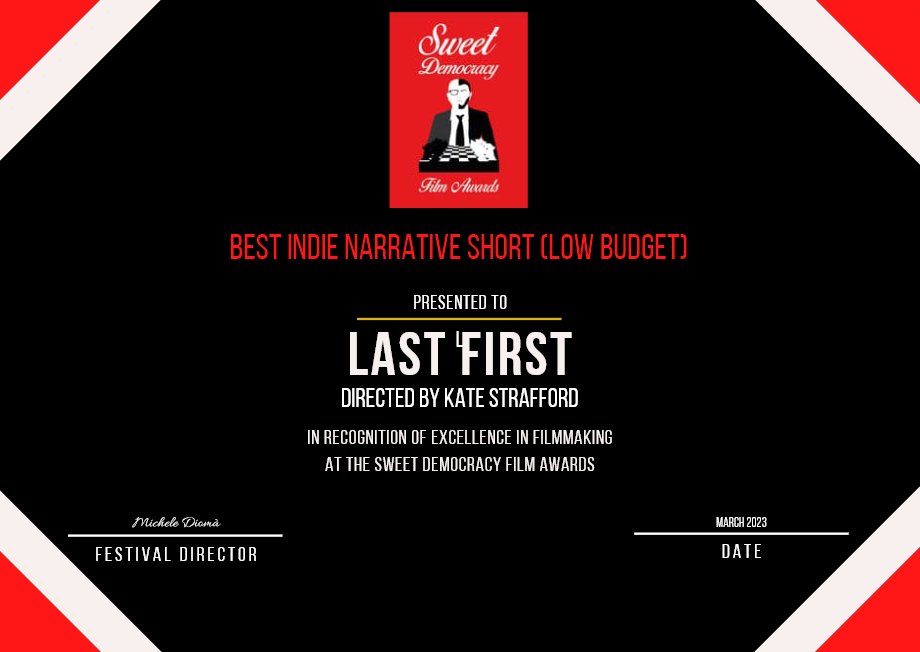 mrtnkeady's tweet photo. Thanks to Sweet Democracy (the best-named film awards) for making LAST FIRST its Best Indie Narrative Short. LAST FIRST is the story of 2 women &amp; 1 man on a boat that has now won 50+ awards at festivals &amp; been invited to be part of @HollyShorts. But JFY: https://t.co/iFQ1tHSNxY https://t.co/VfUC4PLAFT