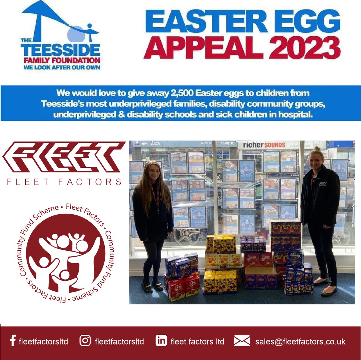 This Easter we are proud to support @teessidefamilyfoundation through the Fleet Factors Community Fund in their 2023 Easter Egg Appeal. The aim is to provide Easter eggs to 2,500 disadvantaged children throughout Teesside and help put a smile on a child's face this Easter🐣