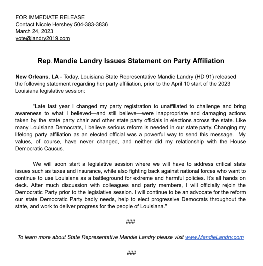 votelandry's tweet photo. I'm switching my party affiliation from "no party" back to Democrat prior to #lalege session. Full statement attached. A lot of thought and discussion, with many colleagues and friends, went into this decision. 1 https://t.co/Ep0YJorSPZ