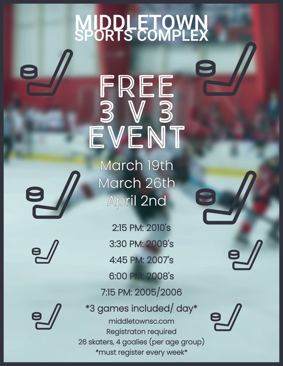 Public skating hours for the weekend of March 24. Want to play 3 on 3 hockey this weekend for free? We have a second tournament on Sunday. For times, ages and to register, visit middletownsc.com.