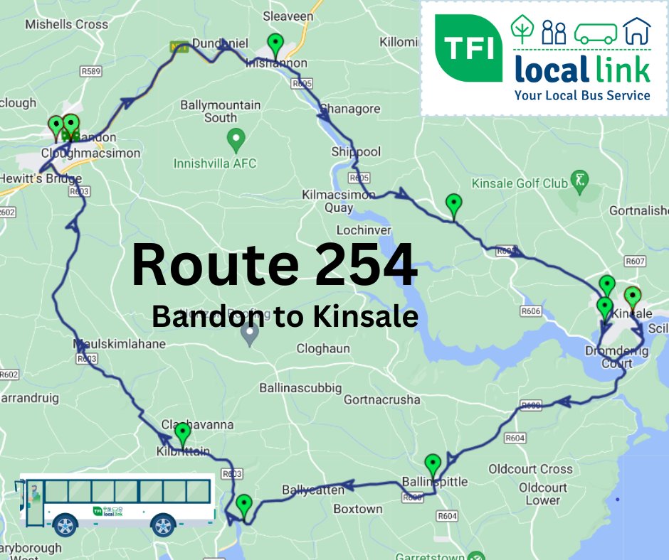 LocalLinkCork's tweet photo. Wondering what route the bus takes ?
This is the route taken on the morning services on Route 254 Bandon to Kinsale
If you have any queries, please contact us on Tel No: 027 52727 or see the timetable at https://t.co/iW9IgcXFLx
#tfilocallinkcork #ruraltransport #publictransport https://t.co/pWElXpc0j9