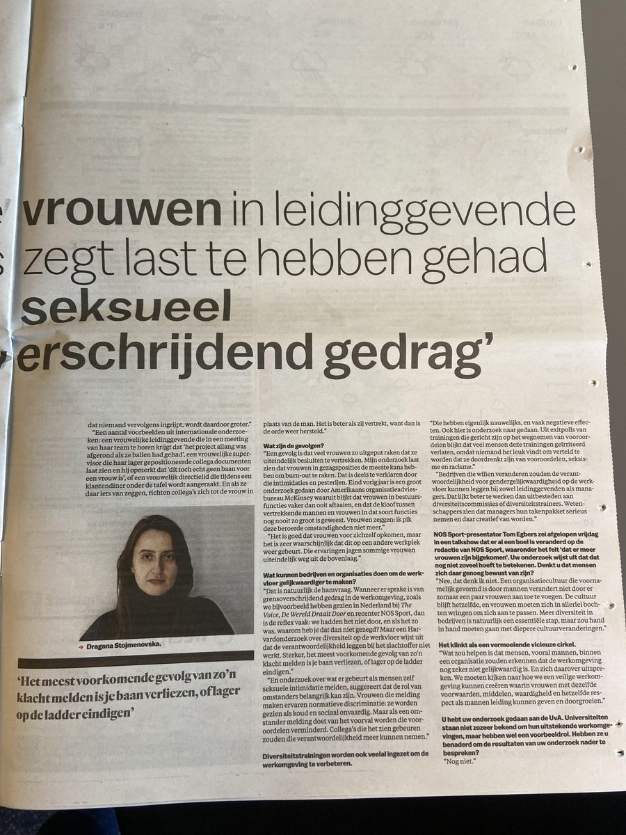 In het @parool van vandaag vertel ik over mijn bevinding dat vrouwen in leidinggevende posities in Nederland meer last hebben van grensoverschrijdend gedrag, pesten, intimidatie en burn-out dan wie dan ook binnen een bedrijf. parool.nl/ps/zij-onderzo…