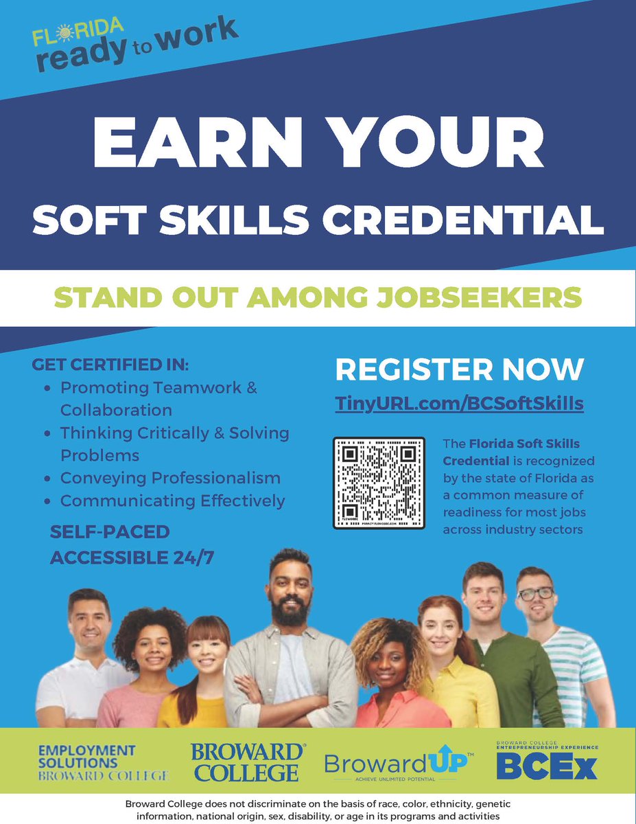 bcexbroward's tweet photo. 🚀 The number one challenge business face today is finding trainable, skilled workers. #FloridaReadytoWork bridges this gap and connects education, employers, and job seekers.
🚀 Earn your Soft Skills Credential at no cost and stand out among job seekers! Scan the QR code below. https://t.co/sFIBUisEV6