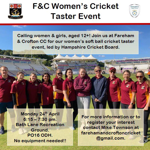 Please share this 🏏opportunity for women & girls (12+) in @FarehamBC area to try a fun taster session. Currently we do not have enough players @cricket_fareham to fulfil all our summer fixtures session run by @HampshireCB