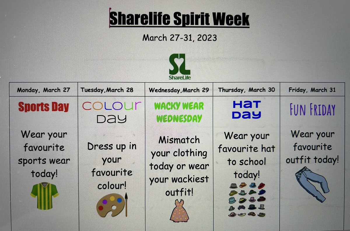 st_smal's tweet photo. Next week, March 27-31, is ShareLife Spirit Week. Staff &amp; students get to dress up in fun ways and donate to @ShareLifeCan at the same time. Sunday’s email blast will have more info. @DomenicScuglia @WigstonJennifer @YCDSB https://t.co/u4zdMxhq2o