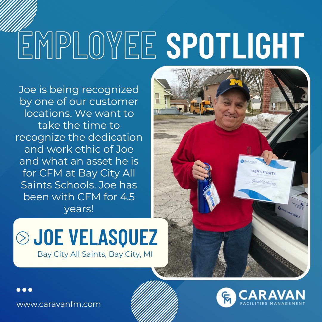 Congratulations Joe Velasquez! ✨

Thank you for your dedication and hard work to Caravan and Bay City All Saints! You are a tremendous asset to #TeamCFM.

#EmployeeSpotlight  #FacilitiesManagement