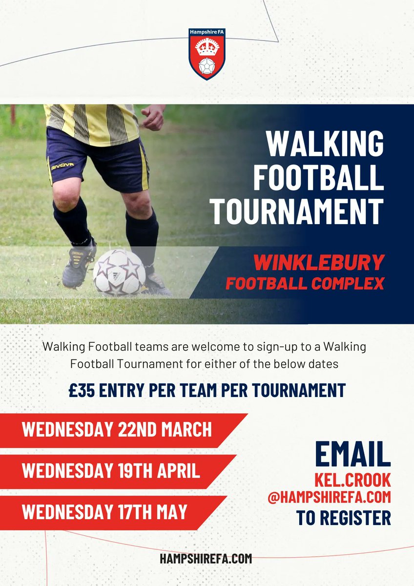 Hampshire FA (@hampshirefa) on Twitter photo πΆ πππππππ π
πππππππ at <a href="/WinkleburyHFA/">Winklebury Football Complex</a>
Two dates remain open to sign-ups for our Winklebury Football Complex Walking Football Tournaments
π Wednesday 19th April
π Wednesday 17th May
ποΈ Β£35 entry per team
Sign-up β‘οΈ buff.ly/41EDUal πΆ πππππππ π
πππππππ at <a href="/WinkleburyHFA/">Winklebury Football Complex</a>
Two dates remain open to sign-ups for our Winklebury Football Complex Walking Football Tournaments
π Wednesday 19th April
π Wednesday 17th May
ποΈ Β£35 entry per team
Sign-up β‘οΈ buff.ly/41EDUal