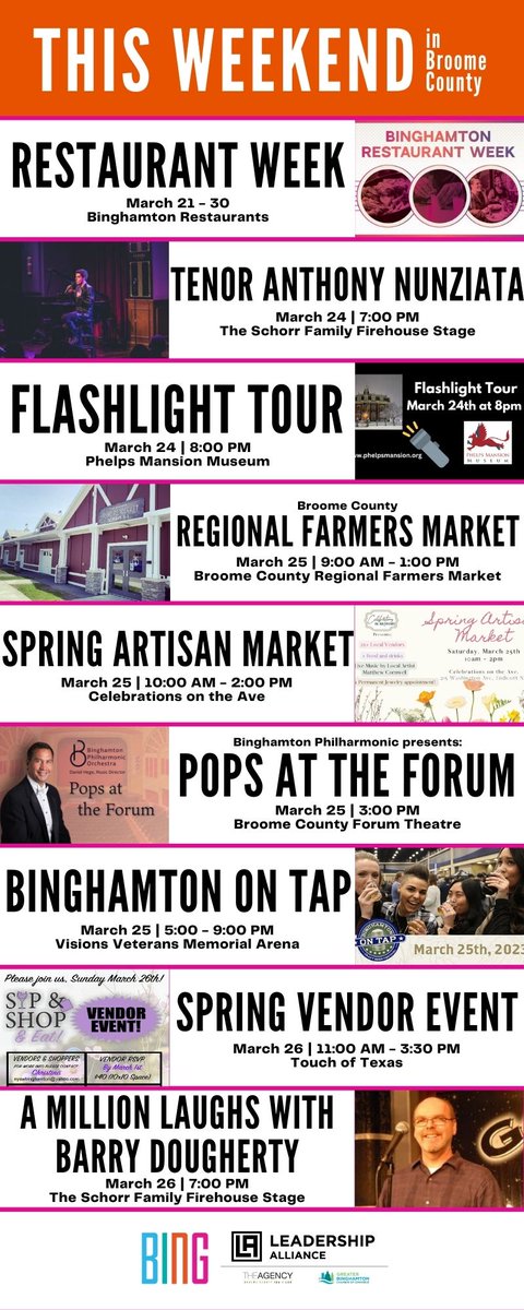 VisitBinghamton's tweet photo. What's happening THIS WEEKEND in Broome County? Check it out!
For more information, visit our website! https://t.co/aXFcD0Dq0g
#visitbing #bingthings #events #bingthingshappening https://t.co/FrFlPNiu9O