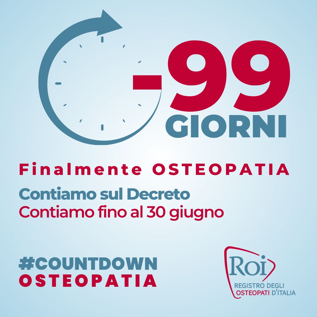 #countdownosteopatia -99 giorni al Decreto “Milleproroghe” che fissa al 30 giugno la data ultima per concludere l’attuazione della legge istitutiva dell’#osteopatia.

<a href="/mur_gov_/">Ministero dell'Università e della Ricerca</a>
<a href="/BerniniAM/">Anna Maria Bernini 🇮🇹</a>
<a href="/MinisteroSalute/">Ministero della Salute</a>
<a href="/marcellogemmato/">Marcello Gemmato 🇮🇹</a>

#osteopata #osteopati #osteopatiaprofessionesanitaria