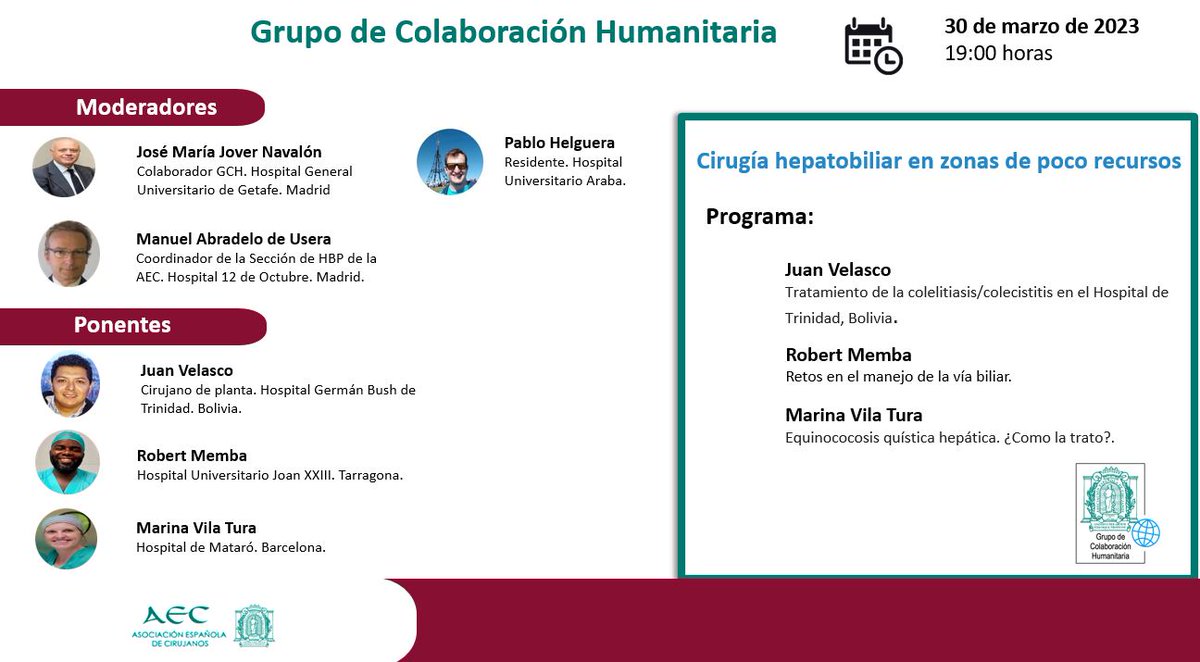 Hoy, a las 19 h, no te pierdas el nuevo #webinar que <a href="/ColaboracionAec/">Grupo Colaboracion Humanitaria AEC</a> organiza "Cirugía hepatobiliar en zonas de poco recursos" participan <a href="/josemjover/">Jose María Jover</a>, el Dr. Pablo Helguera,el Dr. Manuel Abradelo, el Dr. Juan Velasco, <a href="/robert_memba/">Robert Memba</a> y <a href="/marinavilatura/">Marina Vila</a>.

ow.ly/HmK850Nrggp