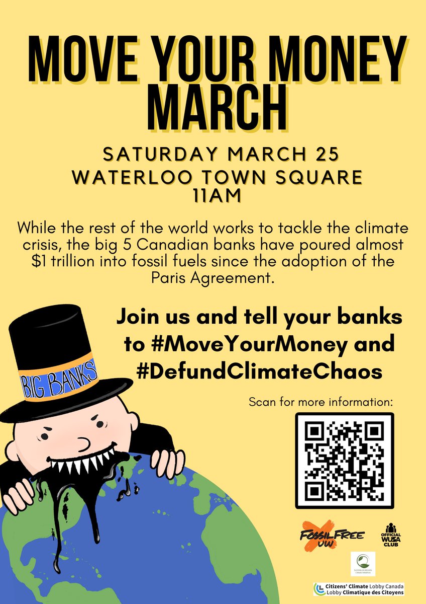 Tomorrow - 11am - Uptown Waterloo Square! <a href="/RBC/">RBC</a> <a href="/cibc/">CIBC</a> <a href="/scotiabank/">Scotiabank</a> <a href="/TD_Canada/">TD (Canada)</a> <a href="/BMO/">BMO</a> have invested C$700 billion in the fossil fuel industry since Paris! Meanwhile they fund 'sustainability programs' <a href="/UWaterloo/">University of Waterloo</a> End #greenwashing!  Thanks <a href="/WR_Record/">Waterloo Region Record</a>! bit.ly/3Z7ETxi