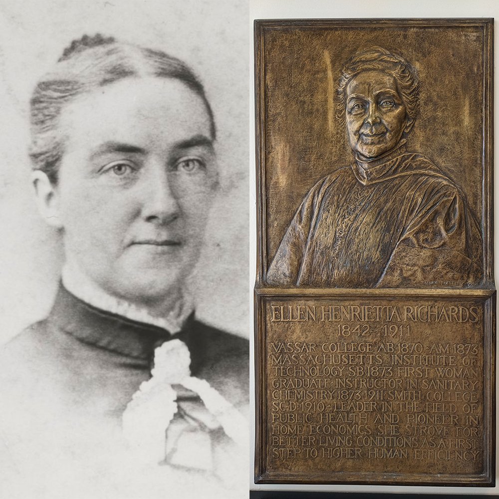 At left, a black and white headshot of a young Ellen Swallow. At right, a bronze relief sculpture of Ellen Swallow Richards' head and shoulders.