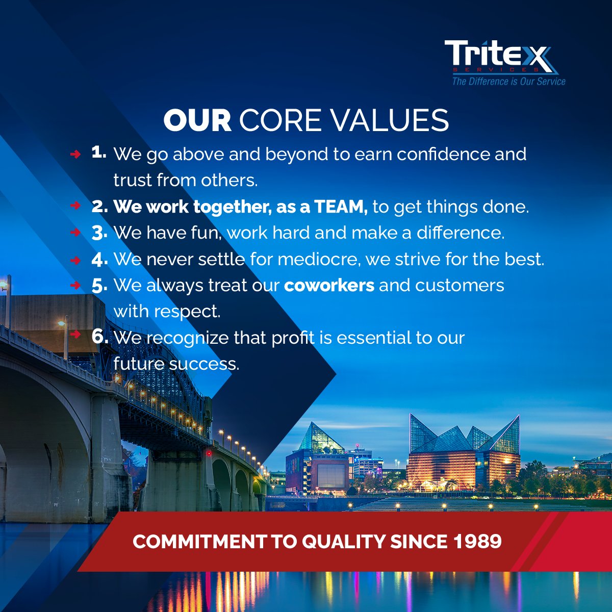 TritexServices's tweet photo. Why is Tritex your ideal service provider? We keep our core values at the forefront of everything we do! https://t.co/796o0JRMh9