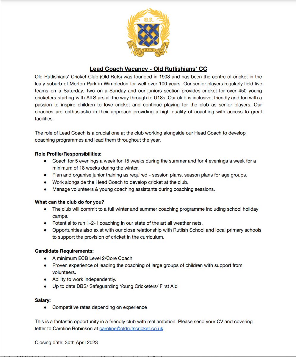 Come and join the club as a Lead Coach for our brilliant juniors &amp; women.  We are a friendly &amp; inclusive club with over 450 young cricketers &amp; a newly formed women's section. More info attached. <a href="/SurreyCricketFd/">Surrey Cricket Foundation</a> <a href="/ECBCA_Surrey/">ECBCA Surrey</a>