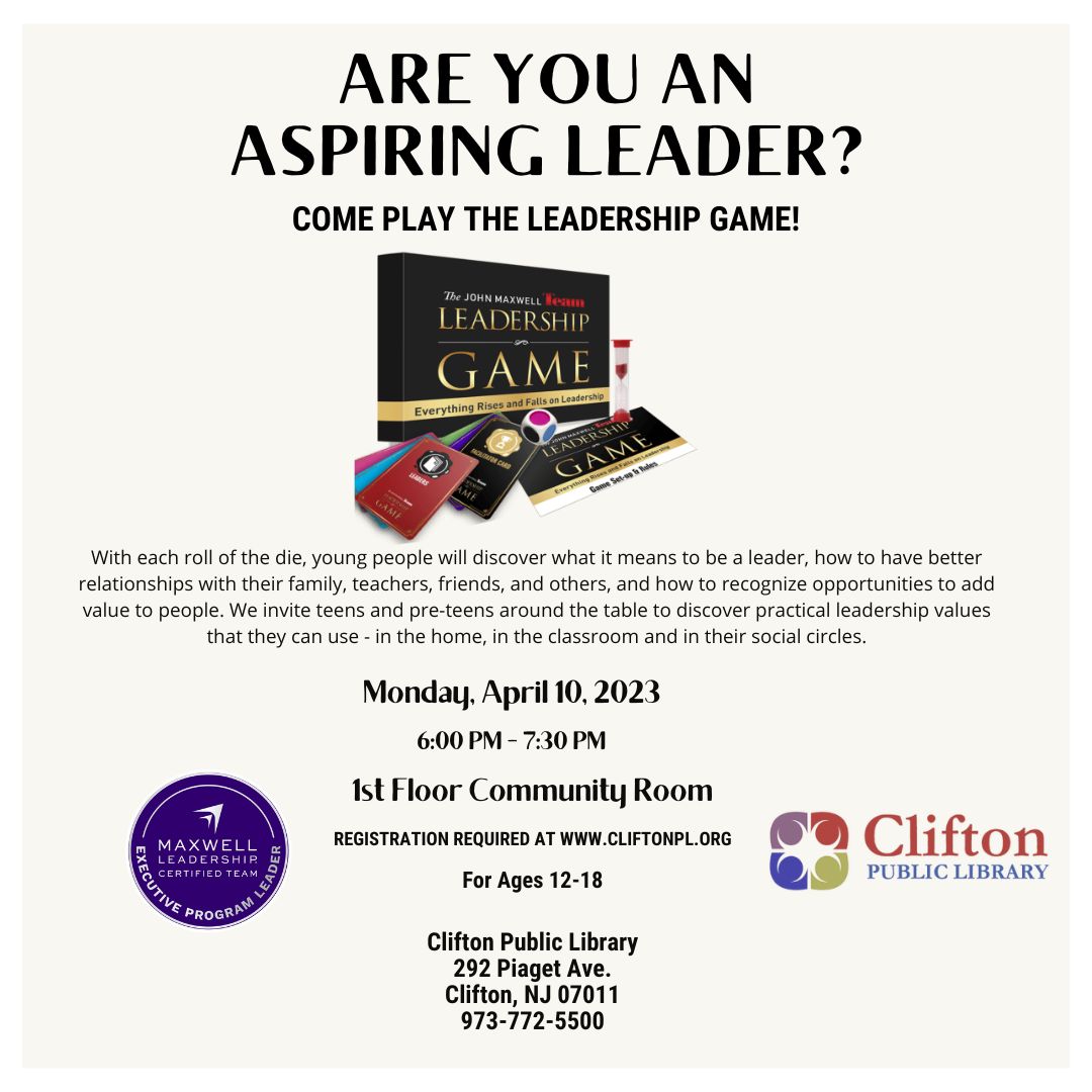 CliftonLibChild's tweet photo. Are you strong enough to be a leader? 
Join us and prove yourself worthy !!
Show us your leadership skills. 
#theleadershipgame #cliftonpl #libraryfun
#game #leadership #teen 
Register : https://t.co/nFxd8onrjI https://t.co/6OomDIFHsL
