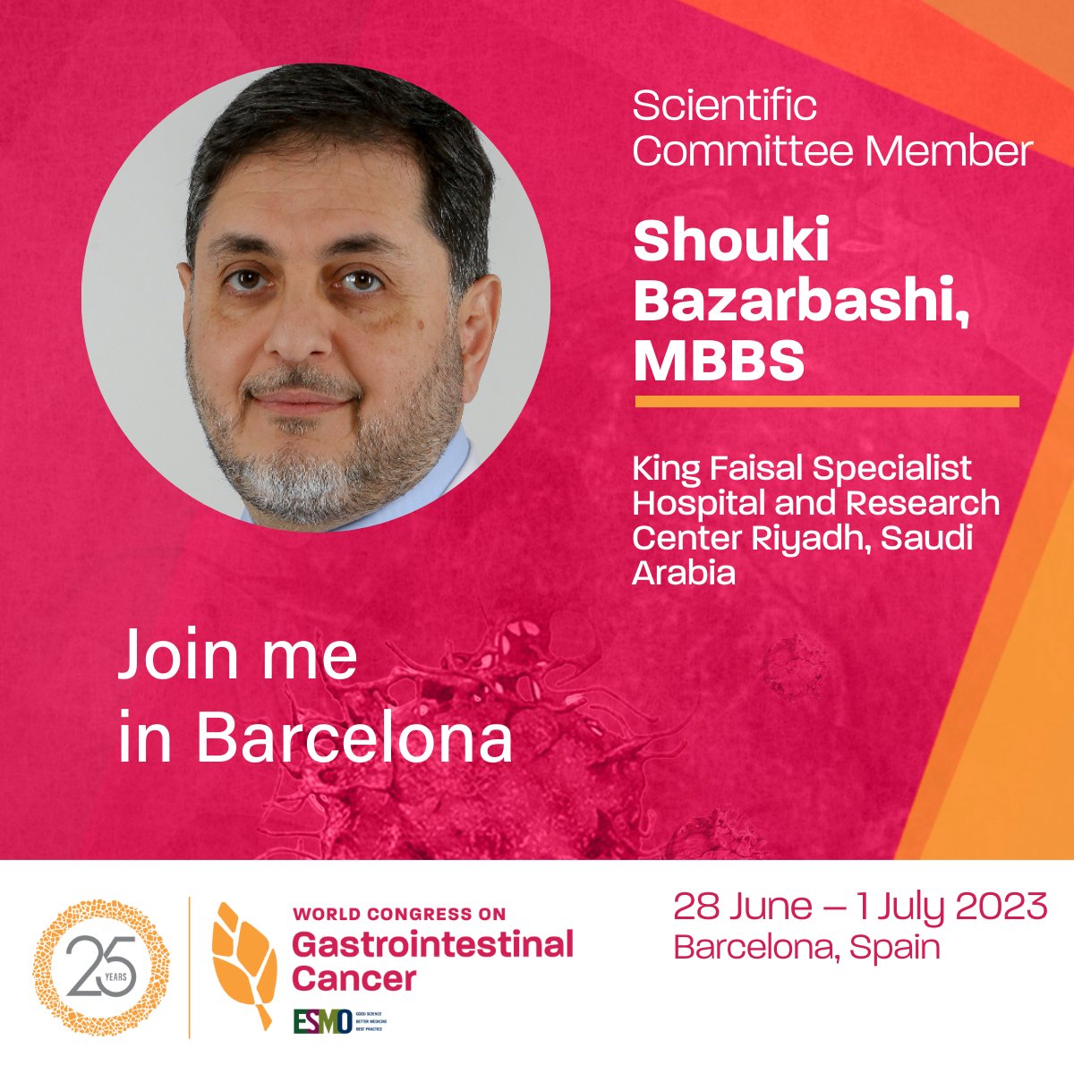 The 25th annual #WCGIC2023 will bring together thousands of experts from around the globe to Barcelona to discuss the latest developments and best practices in treating gastrointestinal cancers.

Register by 21 April to receive the best rates. worldgicancer.com