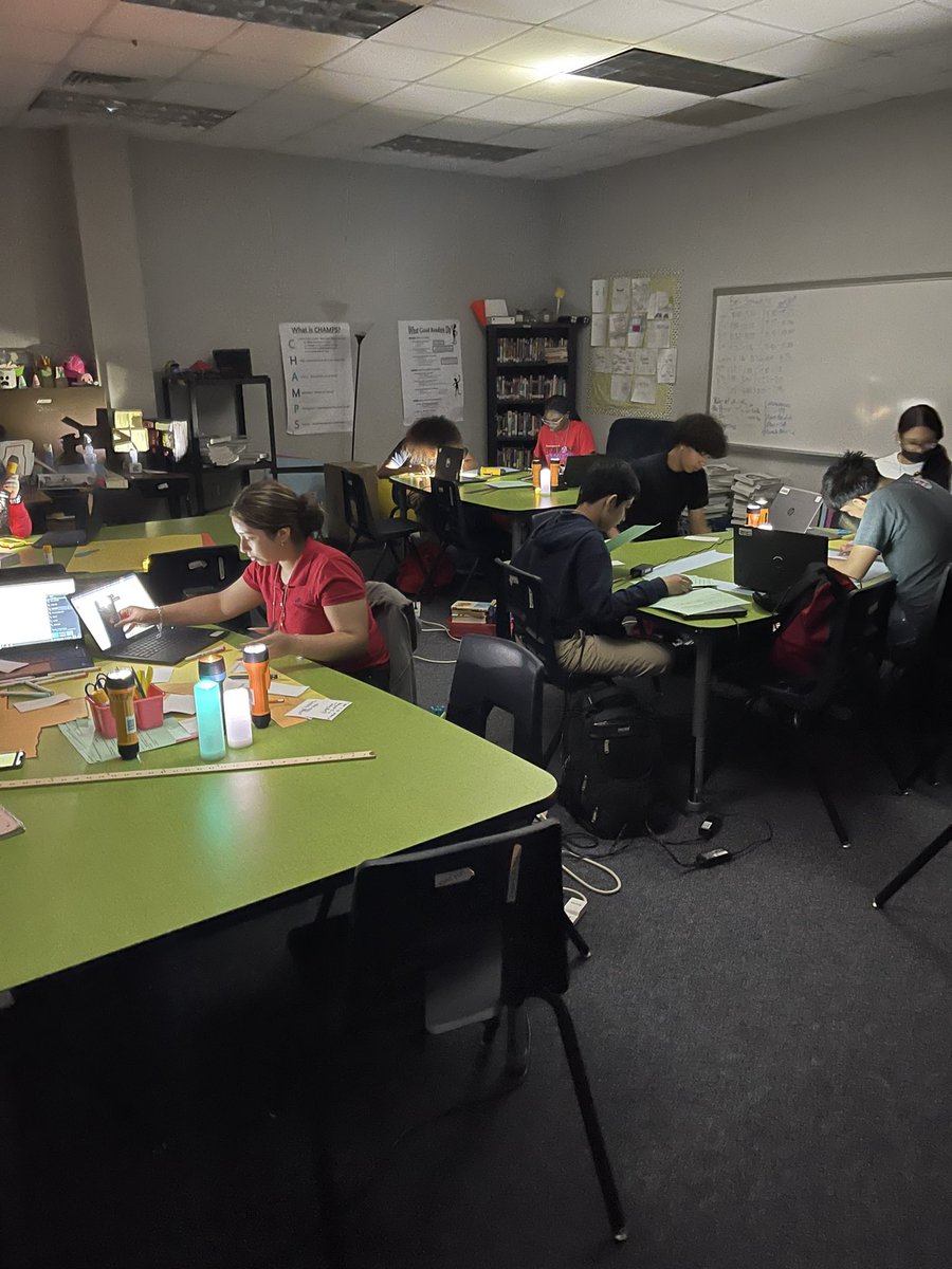 ProfessorTmart's tweet photo. We might not have electricity at Olle right now, but my kids are prepared! Flashlight, light up candles, and laptop light from charged computers. Gotta make these STAAR games! My STEM kids do amazing working in elements. @OlleMightyOwls @CITGOiaOLLE https://t.co/VBGvegkbZv