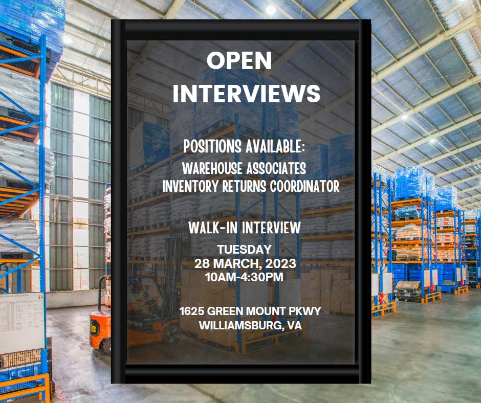 Start your career with us! Join us for open interviews on Tuesday, March 28th, from 10 am-4:30 pm at our Williamsburg warehouse. We offer flexible schedules, a great employee discount, and growth opportunities.