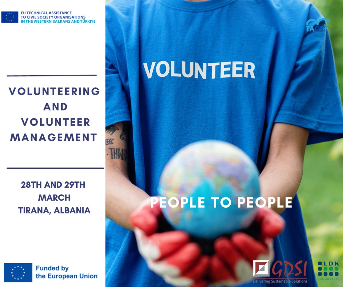 TACSO_3's tweet photo. Great news! 🎉🌍 We are thrilled to announce the upcoming Regional P2P Event focused on "Volunteering and Volunteer Management" in Tirana, Albania, on 28-29 March 2023. 🤝🙌 https://t.co/KJN8kDywso