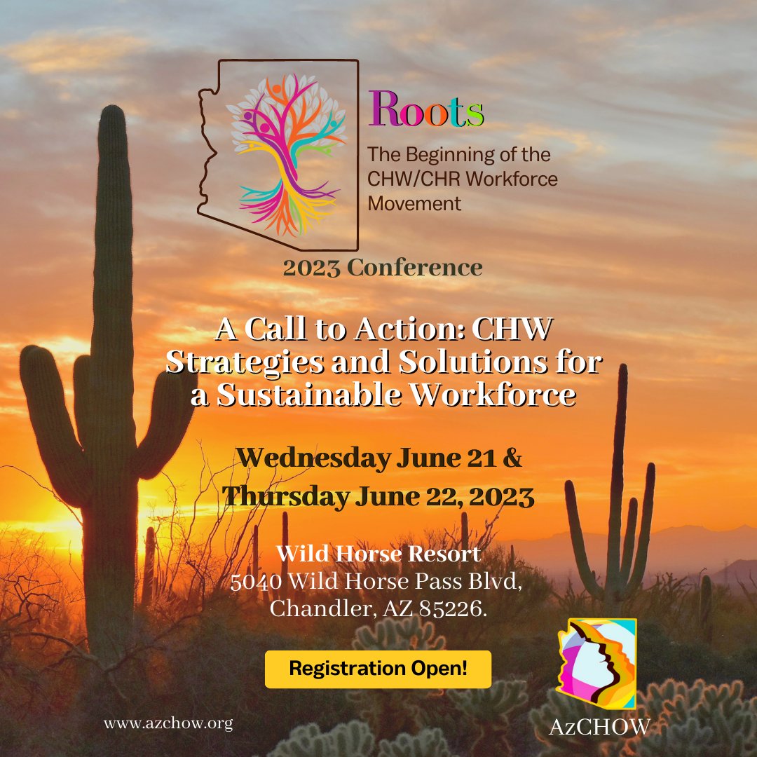 Az_CHOW's tweet photo. Register Now!

#Roots2023 Annual Conference is open for registration! #AzCHOW is glad to invite you to join us for our 2023 annual conference on June 21st and 22nd at the Wild Horse Resort located in Chandler, Arizona. 

Registration and more information: https://t.co/usC2D4dyLE https://t.co/l7Xu2GVrQ9