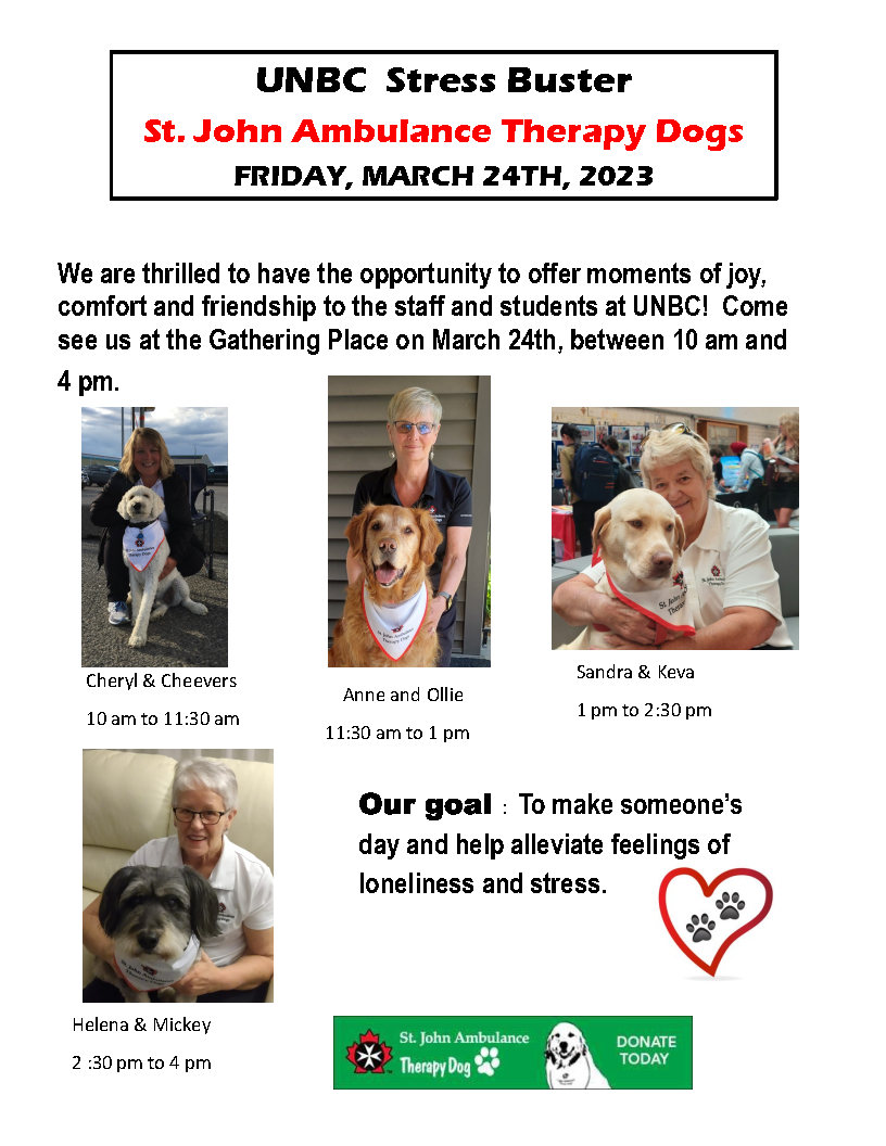 unbcpsychdepar1's tweet photo. Today, a four legged wellness event is taking place: UNBC Stress Buster Event today! 

Stop by The Gathering place today between 10 am - 4pm !! https://t.co/Iu9Yg0XQvY