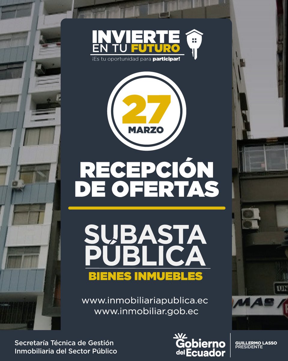 inmobiliarec's tweet photo. ¡Invierte en tu futuro!

#MAÑANA | Puedes entregar tu Oferta y participar en la #SubastaPública2023 de Bienes Inmuebles de este mes. 🏢🏡

⏰ 08:30 a 16:30
📍 Oficinas de #Inmobiliar en #Quito, #Guayaquil, #Cuenca y #Portoviejo.

Chatea con nosotros👇

📲 https://t.co/Sp35CDCfU0 https://t.co/TXaME0d6GP